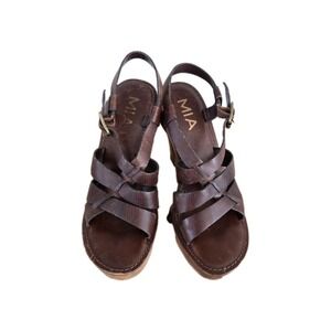 Mia Y2k Leather Brown Strappy Wooden High Heel Chunky Sandals 90s Womens Sz 8